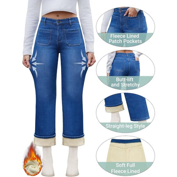 Fleece Lined Jeans Women Straight High Waist Denim Winter Pants with Pockets - Picture 2 of 5